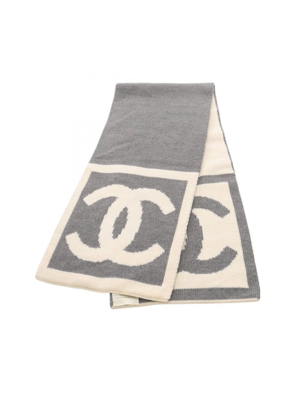 Chanel Scarf CC Logo Gray White Wool Silk